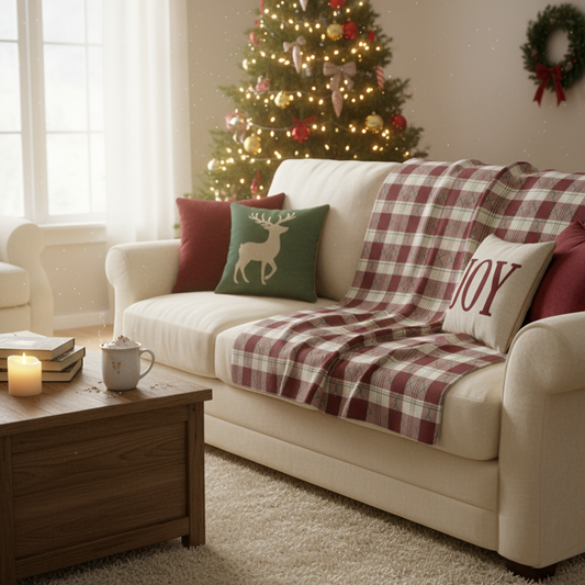 Cozy classic plaid sherpa blanket draped over furniture, traditional fleece throw for home comfort
