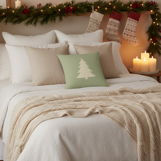 Holiday festive pillow on couch, seasonal decorative throw for winter home aesthetic
