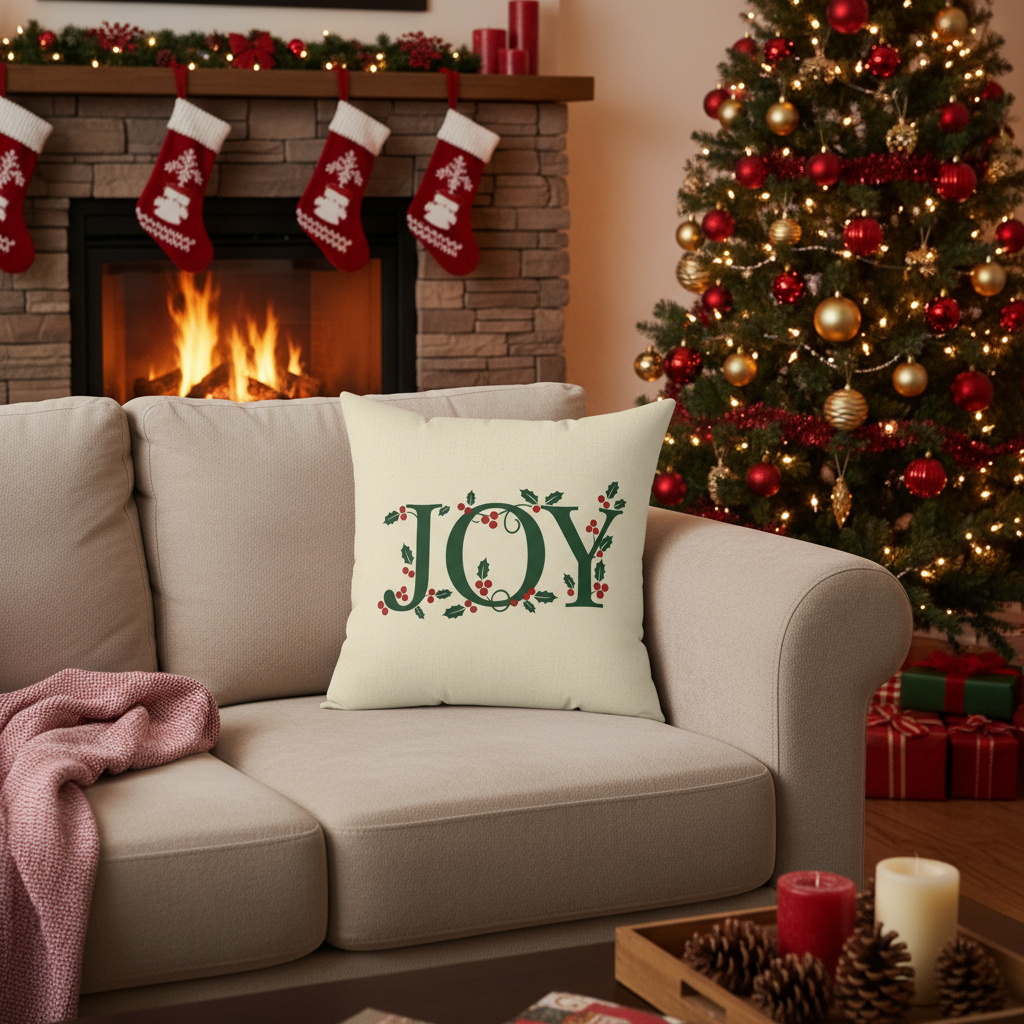 Decorated living room with Christmas tree, stockings, and a pillow with 'JOY' on a couch.