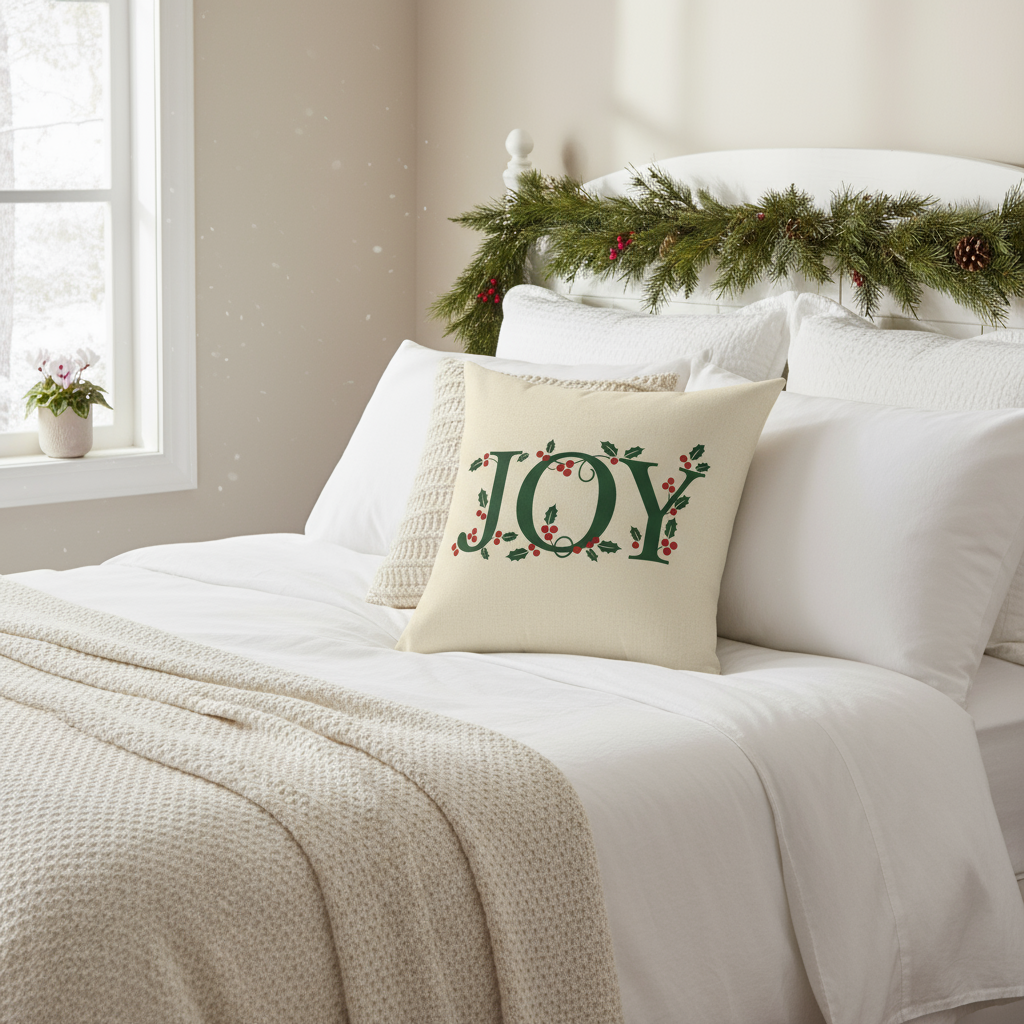 Decorative pillow with 'JOY' on a bed with Christmas decorations