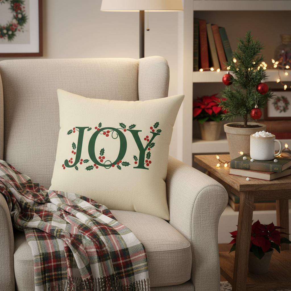 Decorative pillow with 'JOY' on a couch in a cozy living room setting.