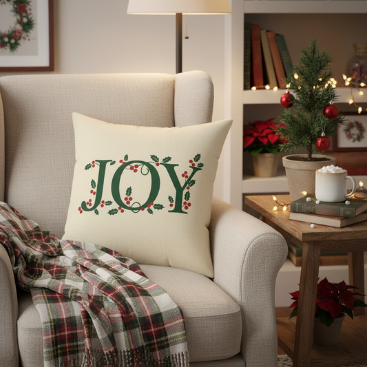 Decorative pillow with 'JOY' on a couch in a cozy living room setting.
