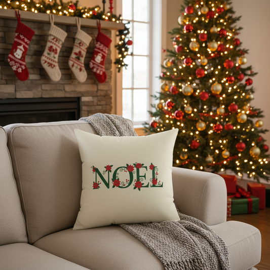 Christmas Noel floral pillow on furniture, holiday decorative throw for festive home decor
