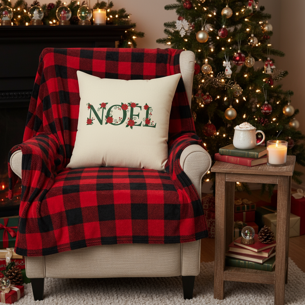 Cozy Christmas scene with a chair covered in a red and black plaid blanket, a pillow with 'NOEL' text, and a decorated tree in the background.