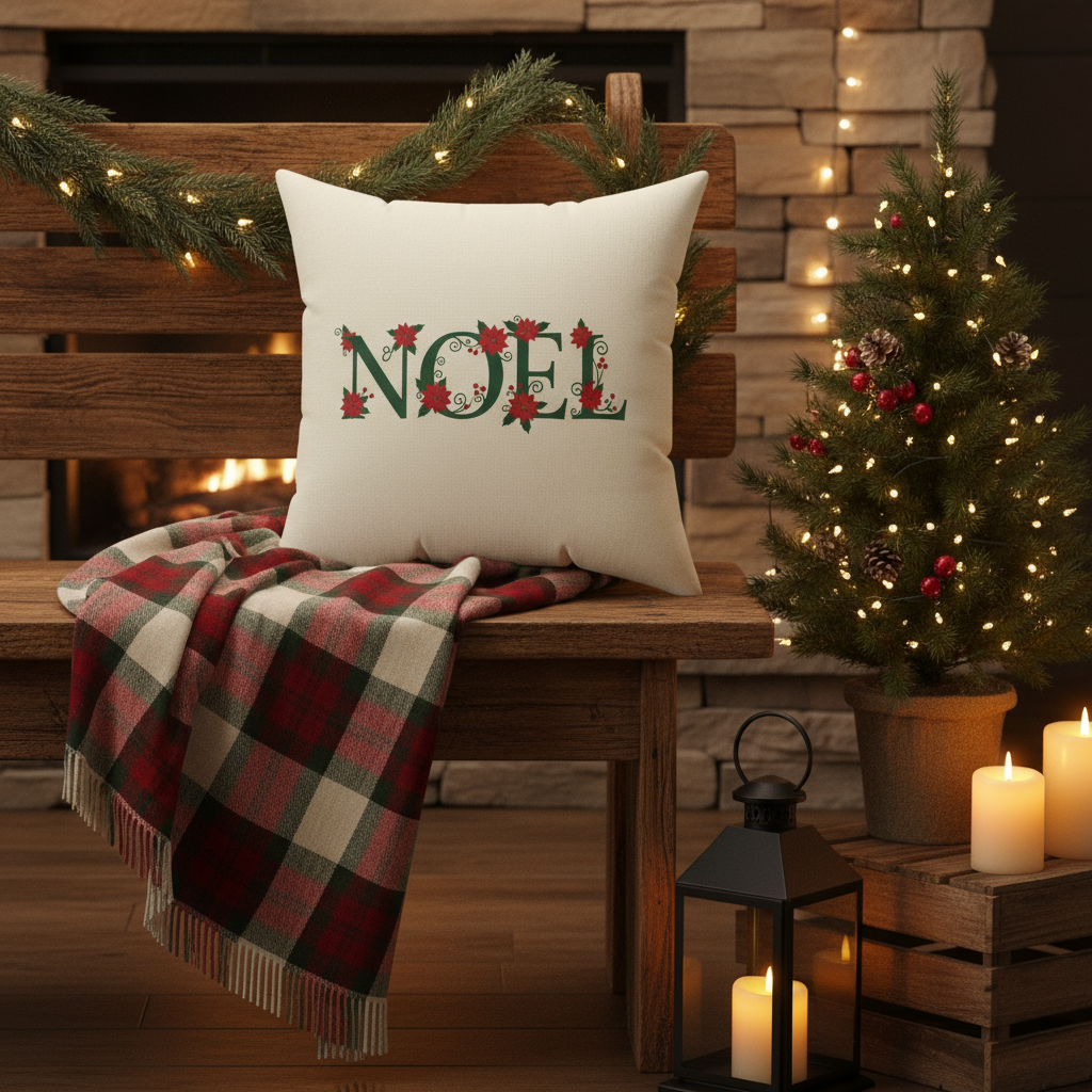 Decorative pillow with 'NOEL' text on a wooden bench with Christmas decorations.