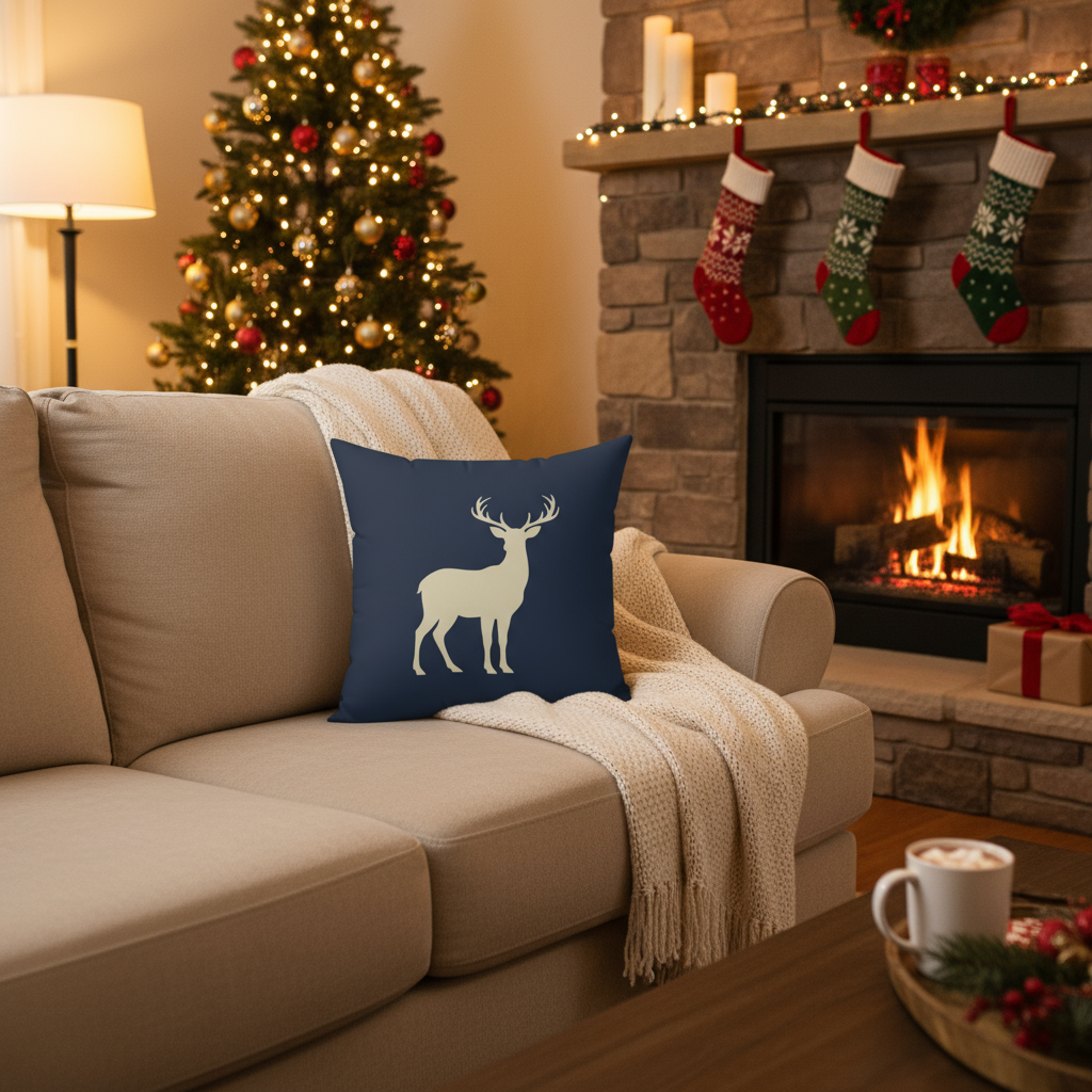 Square Pillow - Deer Silhouette Navy Rustic Lodge Accent Cushion