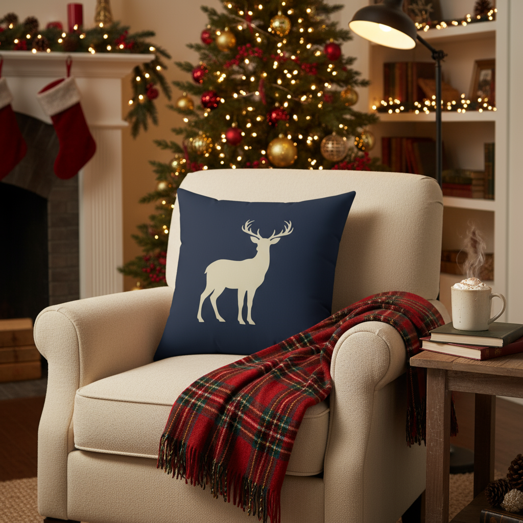 Square Pillow - Deer Silhouette Navy Rustic Lodge Accent Cushion