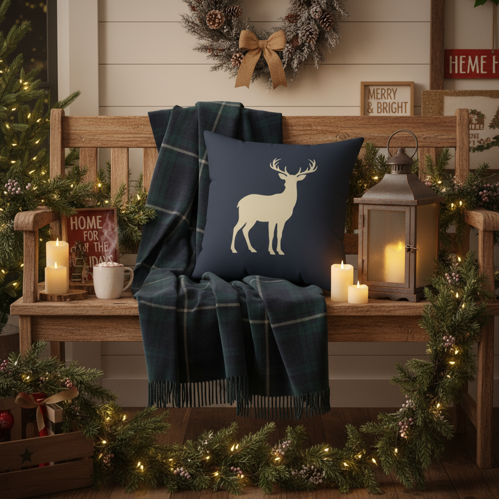 Square Pillow - Deer Silhouette Navy Rustic Lodge Accent Cushion