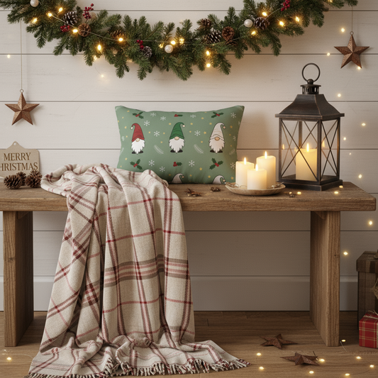Holiday gnome pillow on couch, Christmas decorative throw for festive home decor
