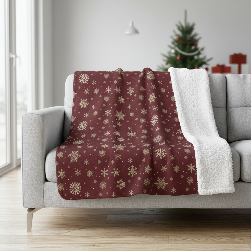 Red blanket with gold snowflake pattern draped over a gray sofa in a living room.