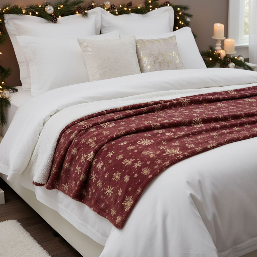 Bed with white bedding and a red floral throw, surrounded by Christmas decorations.