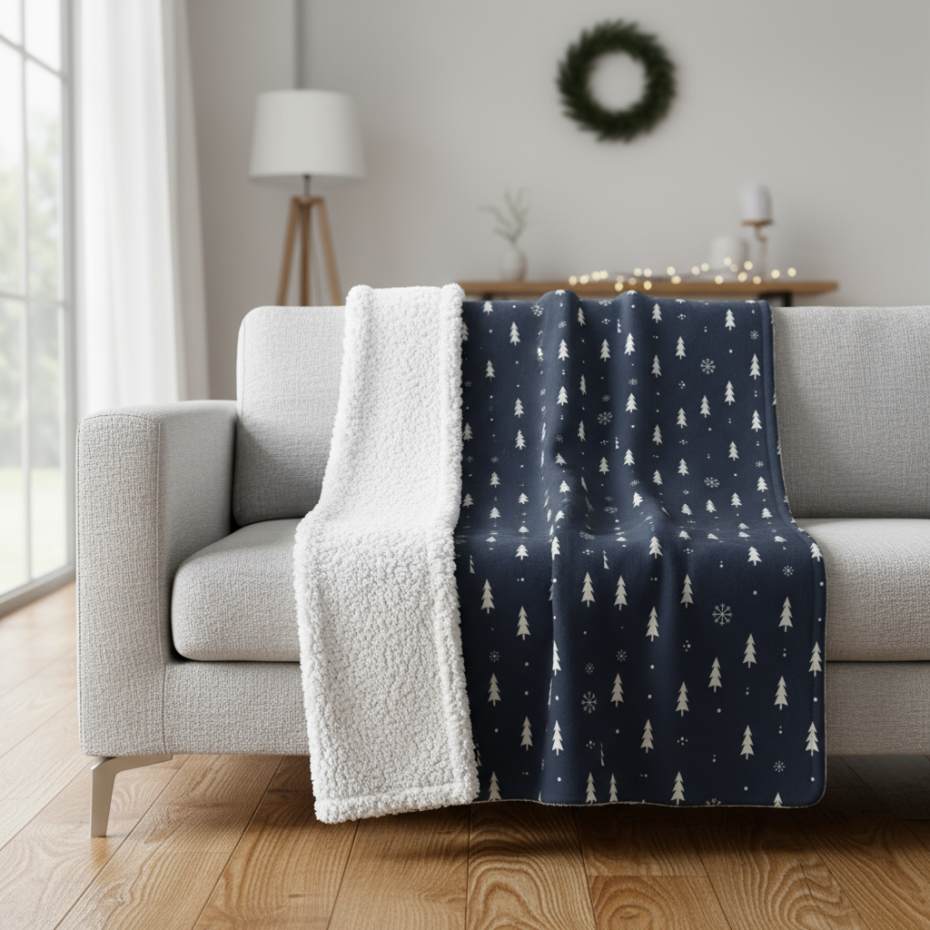 Two blankets draped over a sofa in a living room setting.