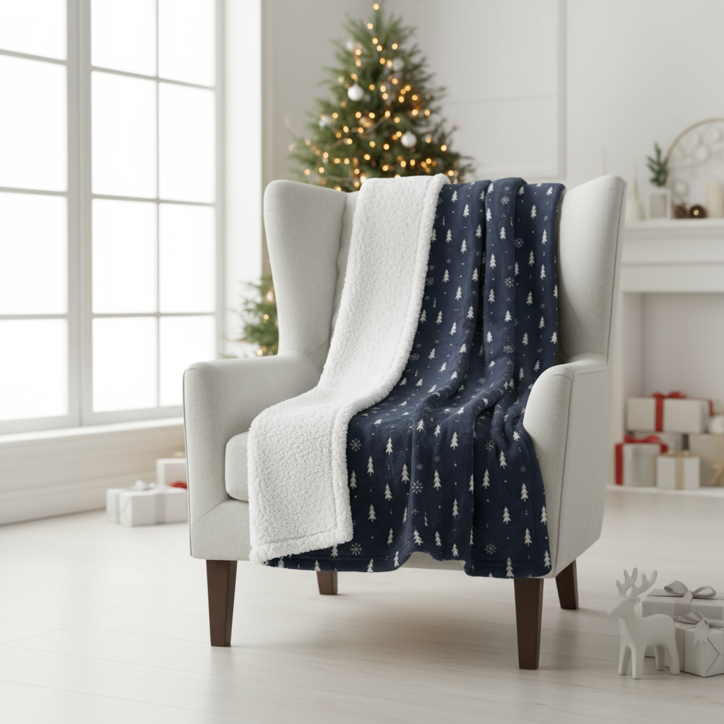 Navy blue blanket with white tree pattern draped over a white armchair in a room with a Christmas tree and presents.