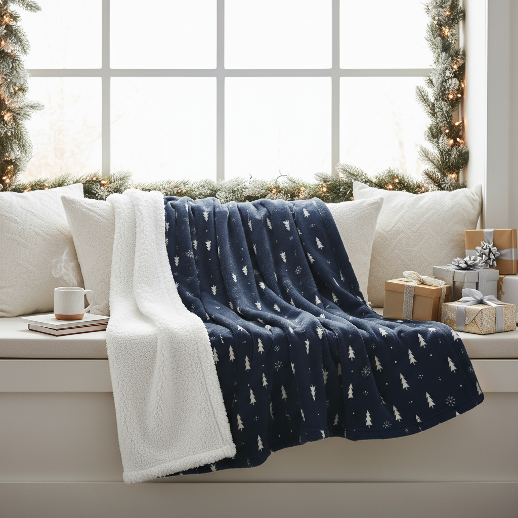 Navy blue blanket with white patterns draped over a couch with Christmas decorations in the background.