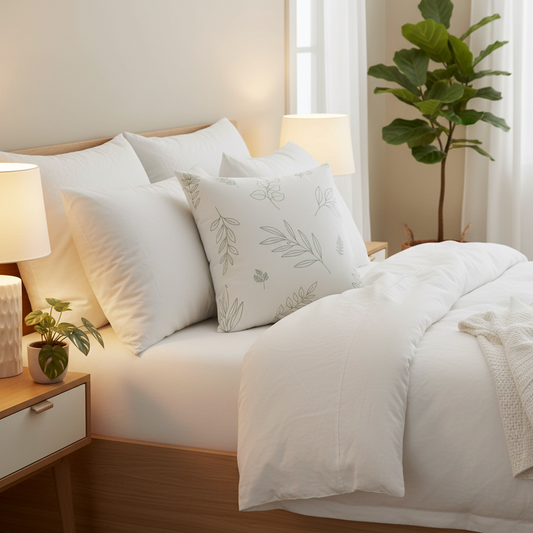 Botanical greenery pillow on couch, leaf pattern decorative throw for natural home decor