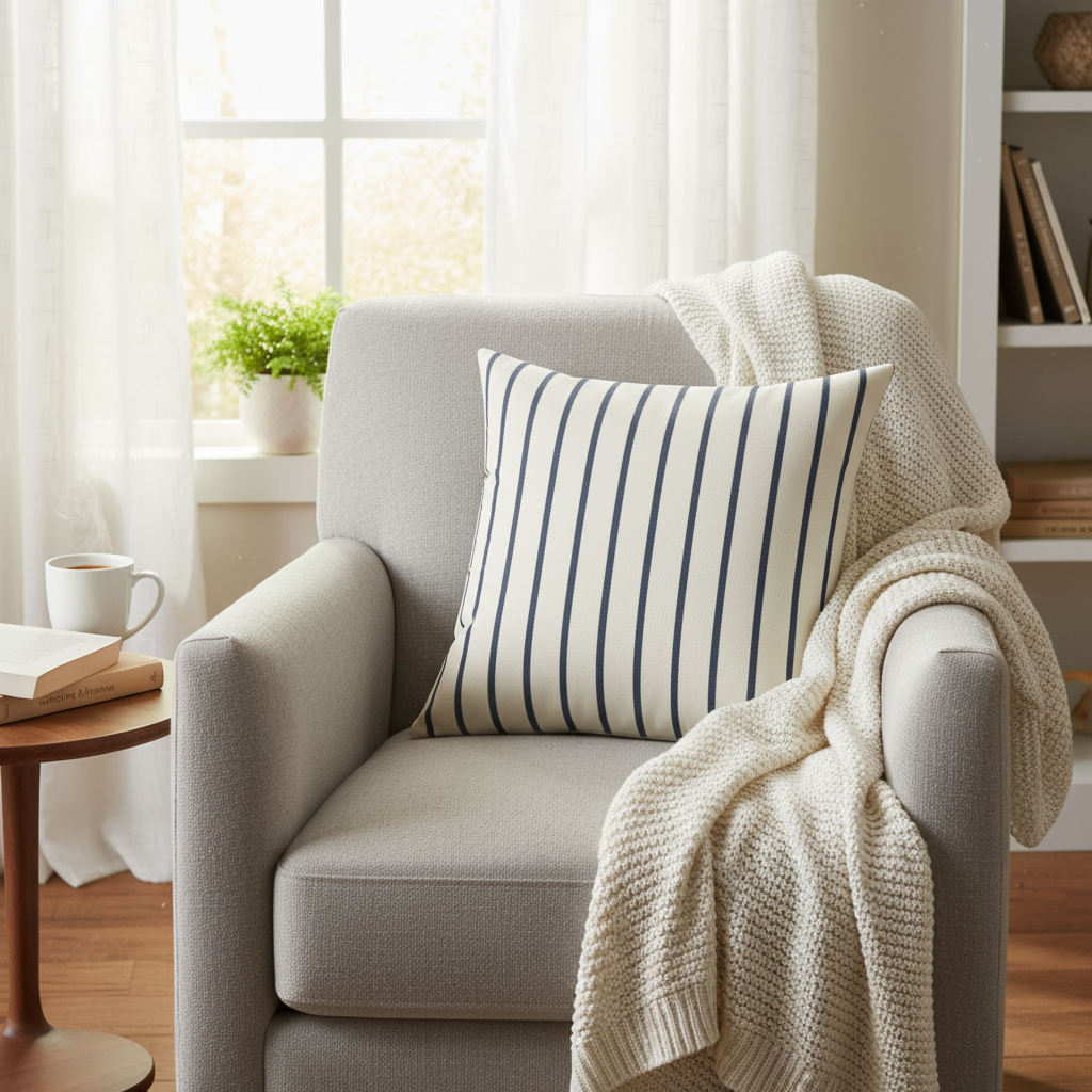 Square Pillow - Striped Navy & Cream Decorative Pillow