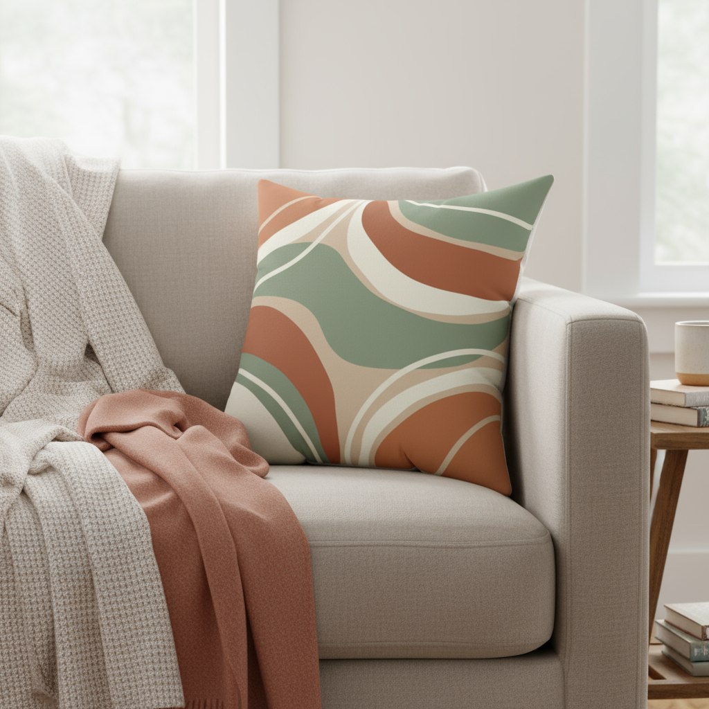 Square Pillow - Abstract Retro Wave Earth Tones Decorative Cushion