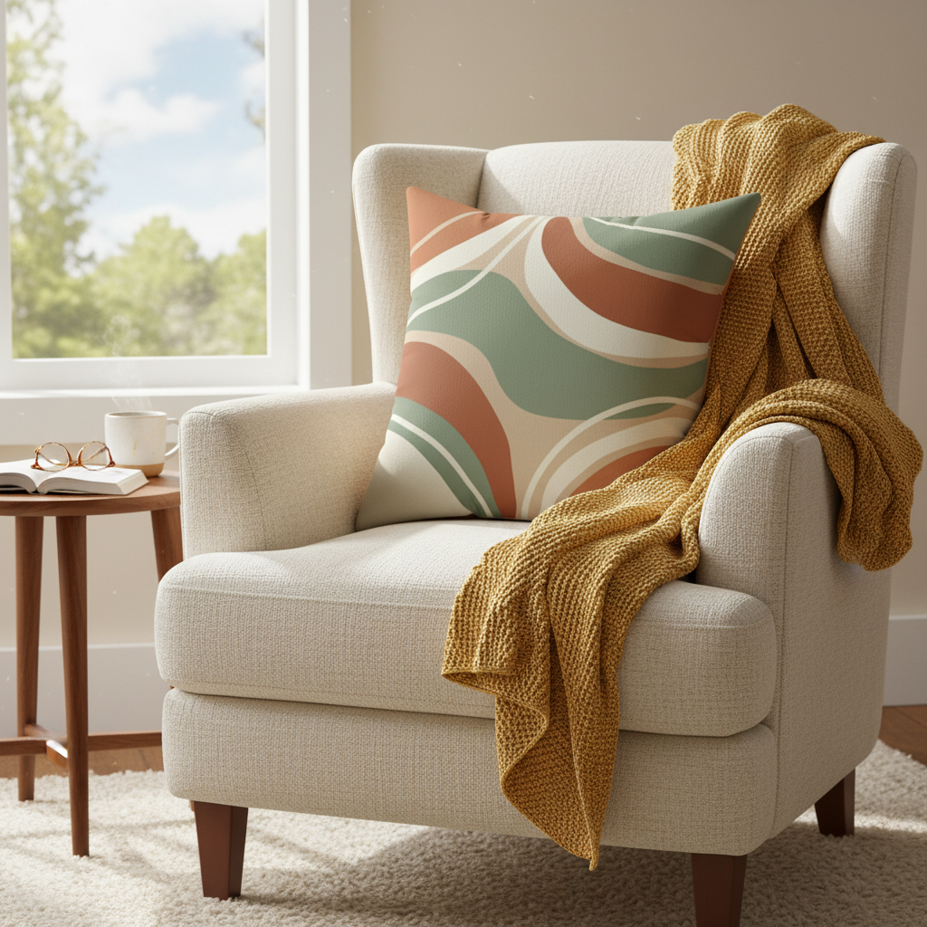 Square Pillow - Abstract Retro Wave Earth Tones Decorative Cushion