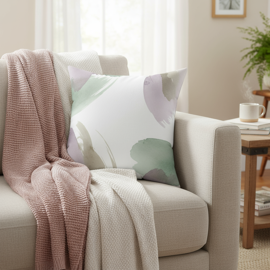 Square Pillow - Abstract Watercolor Brushstroke Pillow - Soft Green & Lavender Decorative Throw