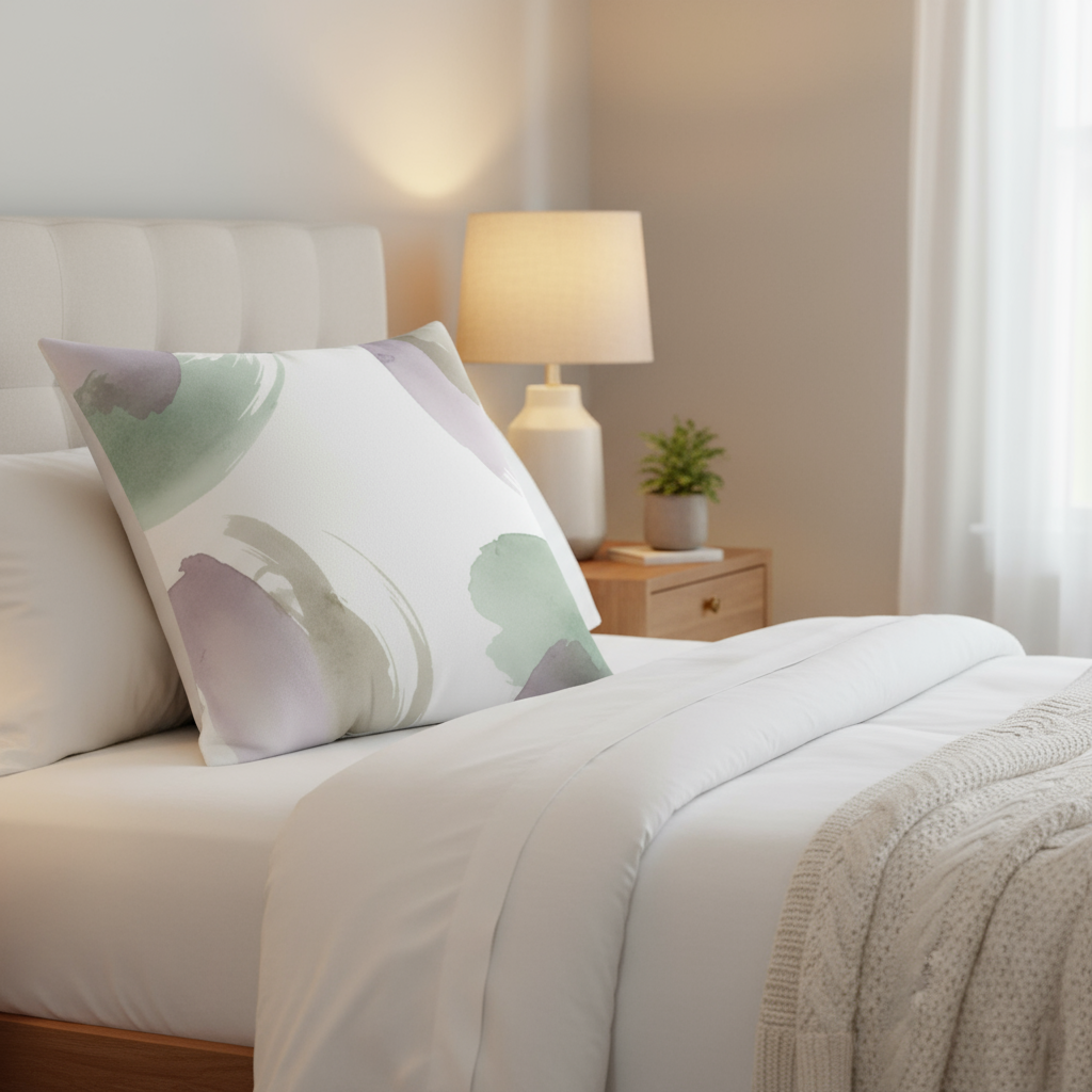 Square Pillow - Abstract Watercolor Brushstroke Pillow - Soft Green & Lavender Decorative Throw