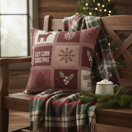 Decorative pillow with Christmas-themed patterns on a wooden bench with plaid blanket and mug of hot chocolate.
