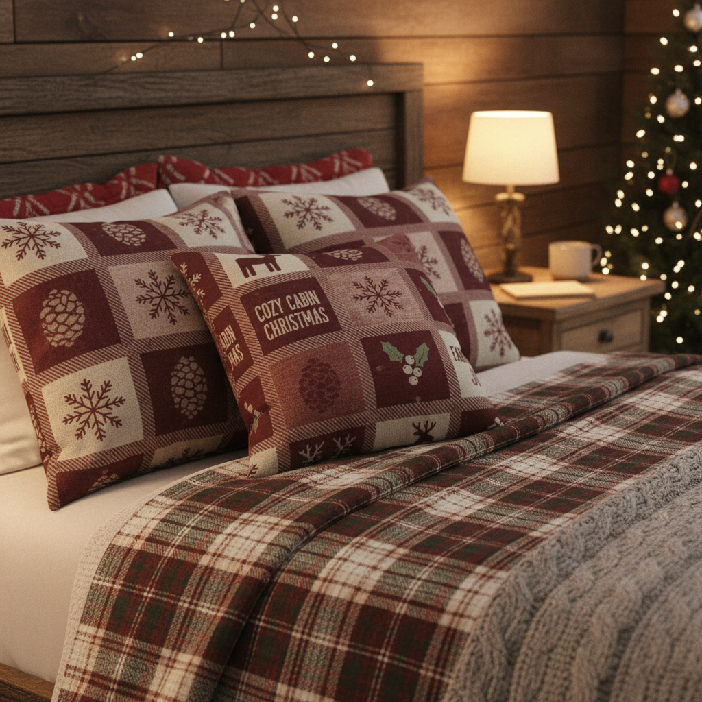 Cozy bedroom with plaid bedding and festive pillows, Christmas tree in the background