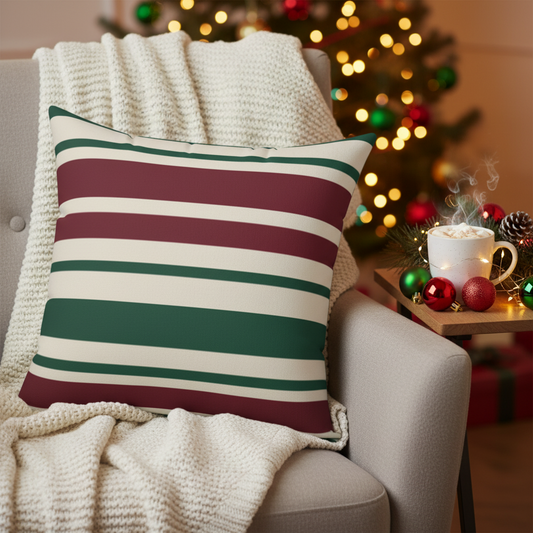 Holiday Square Pillow - Festive Red & Green Striped Throw Pillow
