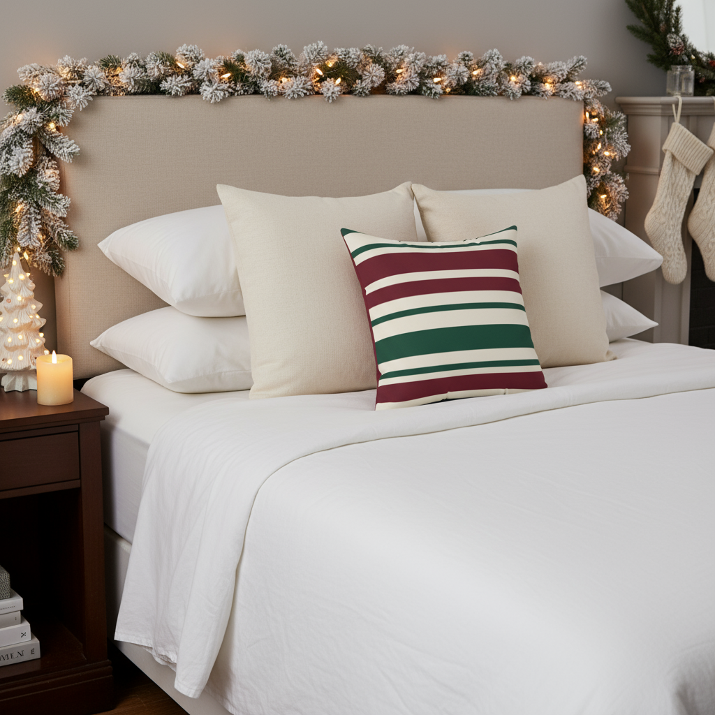 Holiday Square Pillow - Festive Red & Green Striped Throw Pillow