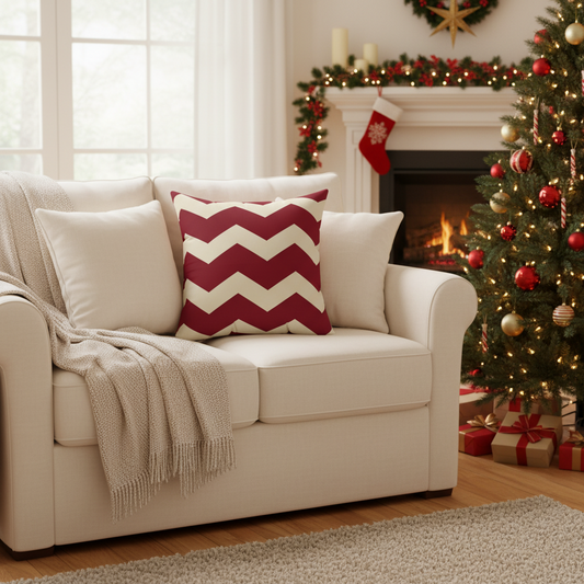 Chevron Stripe Square Pillow - Burgundy & Cream Accent Cushion