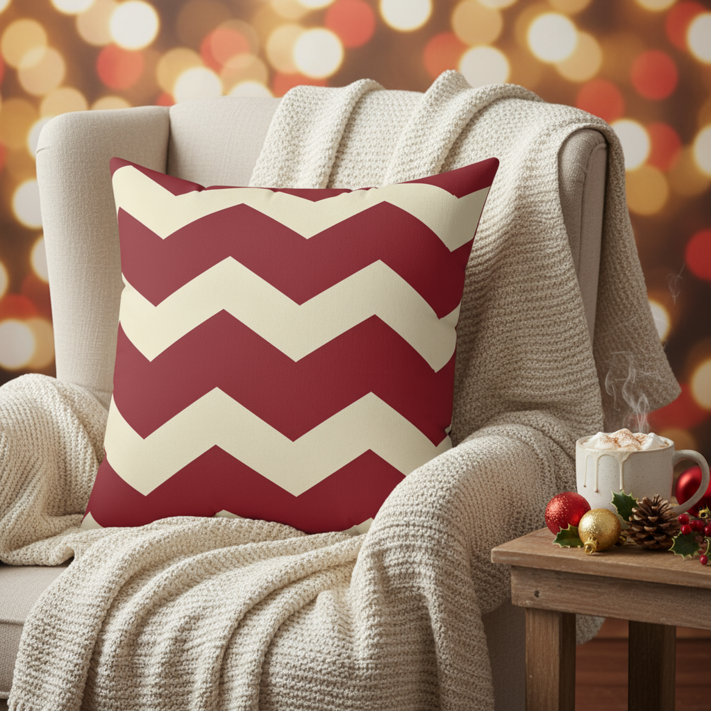 Chevron Stripe Square Pillow - Burgundy & Cream Accent Cushion
