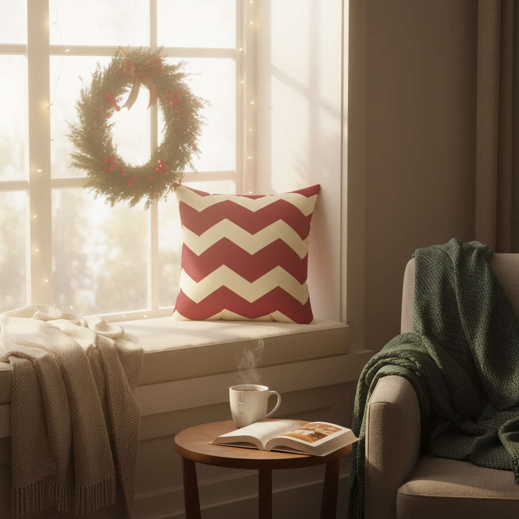 Chevron Stripe Square Pillow - Burgundy & Cream Accent Cushion