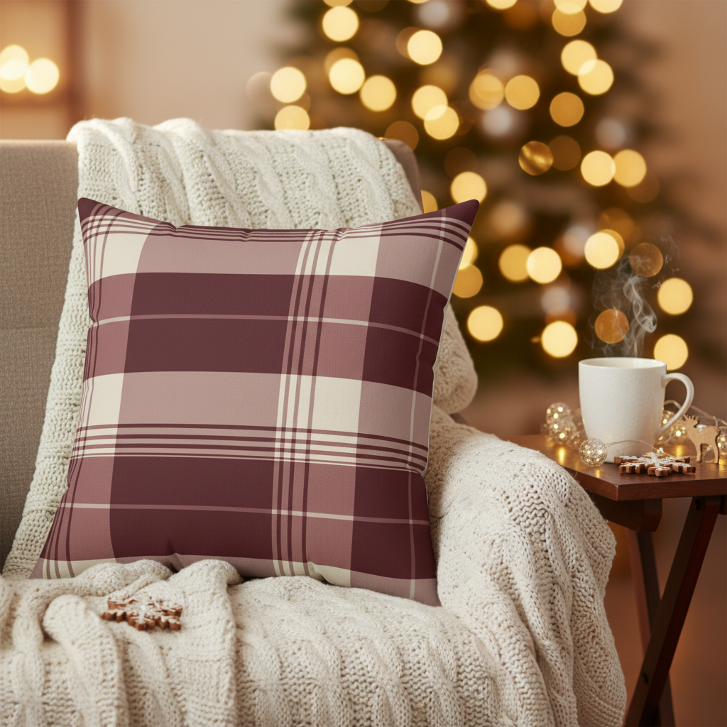 Square Pillow - Burgundy Plaid Cozy Rustic Throw Cushion