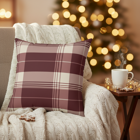Square Pillow - Burgundy Plaid Cozy Rustic Throw Cushion