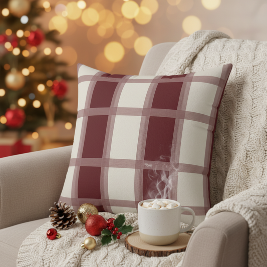 Plaid Square Pillow - Burgundy Cream Check Accent Cushion