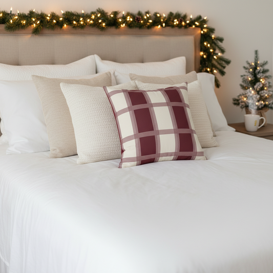 Plaid Square Pillow - Burgundy Cream Check Accent Cushion