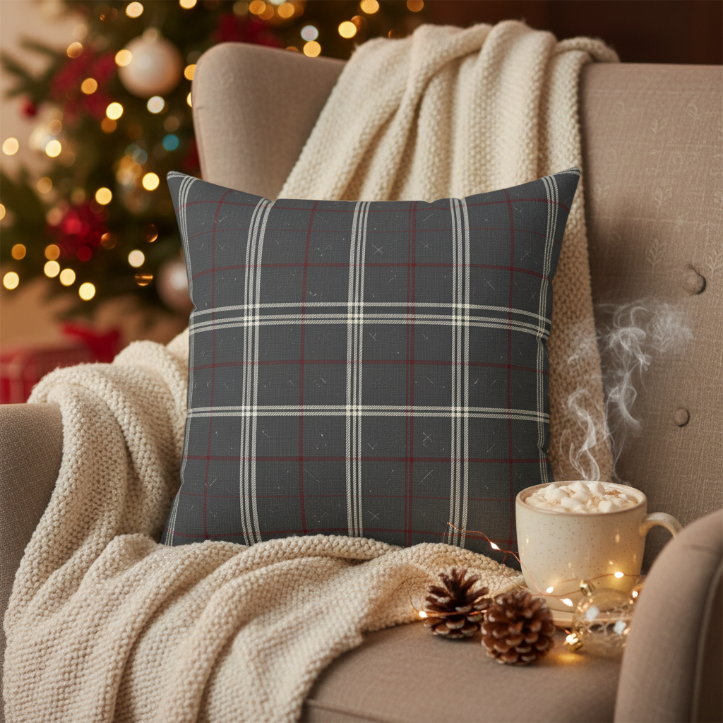 Plaid pillow on a couch with a Christmas tree in the background