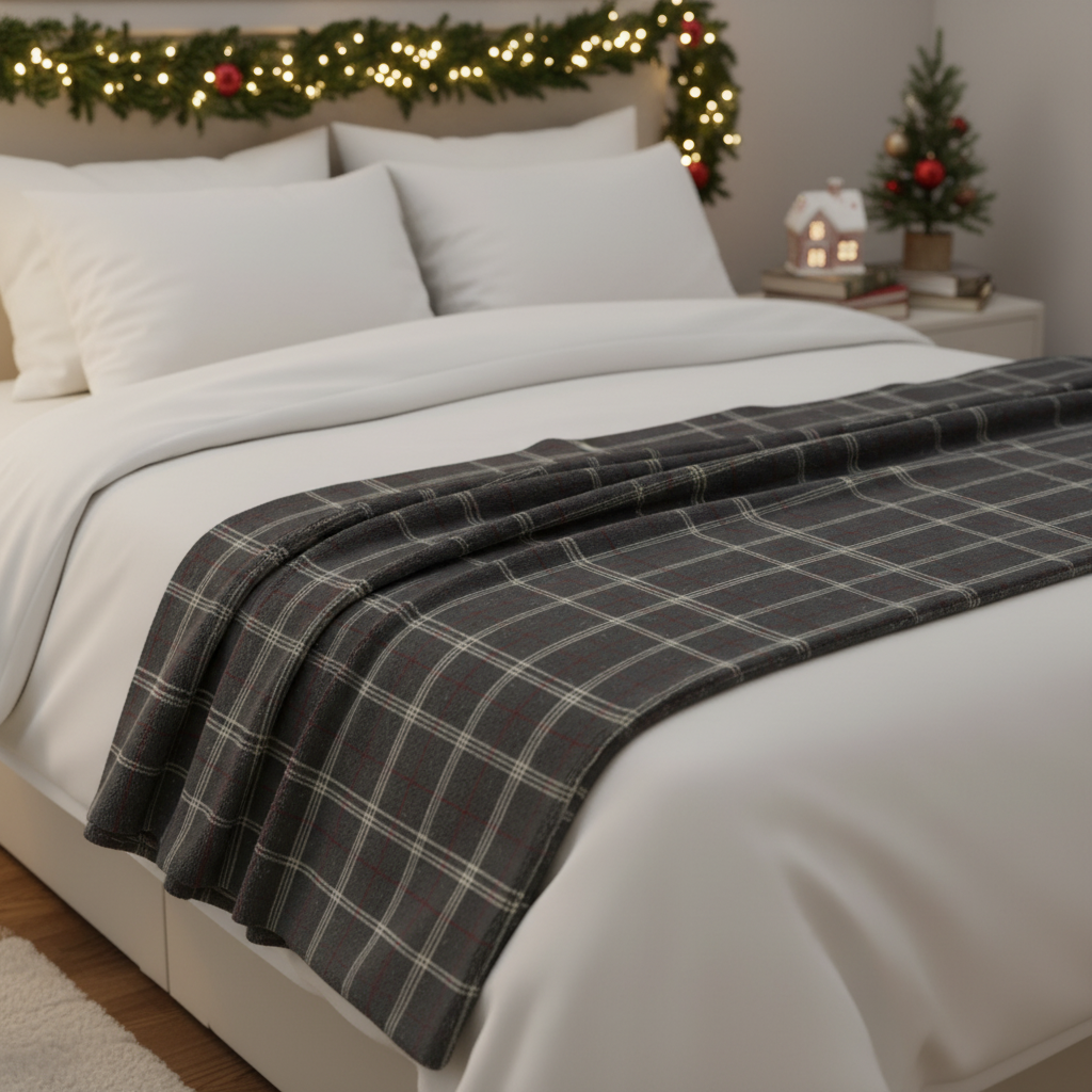 Plaid Sherpa Fleece Blanket – Cozy Gray Red Tartan Throw