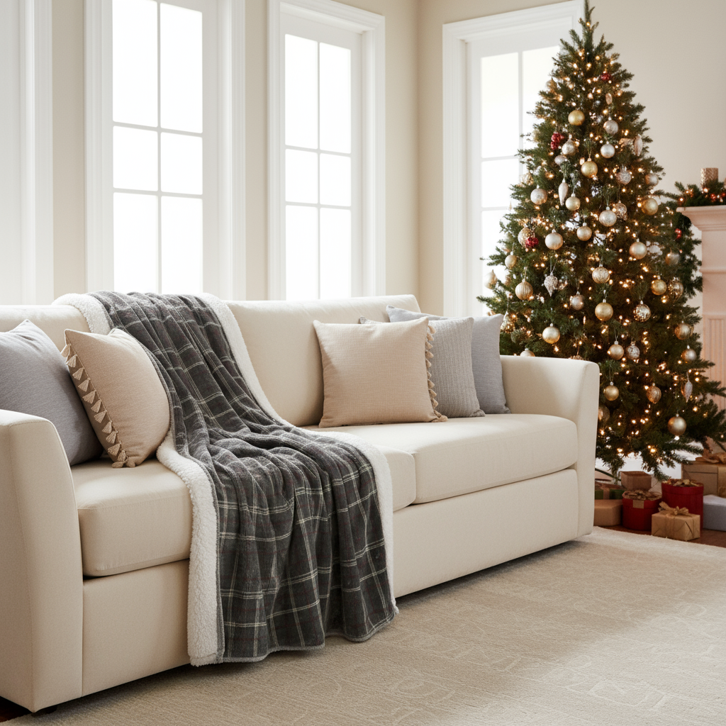 Plaid Sherpa Fleece Blanket – Cozy Gray Red Tartan Throw