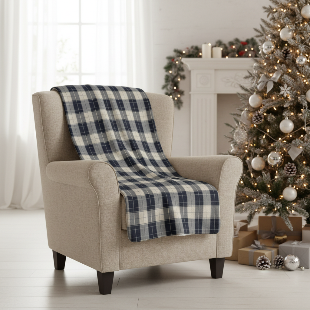 Beige armchair with a plaid blanket in a room decorated for Christmas.