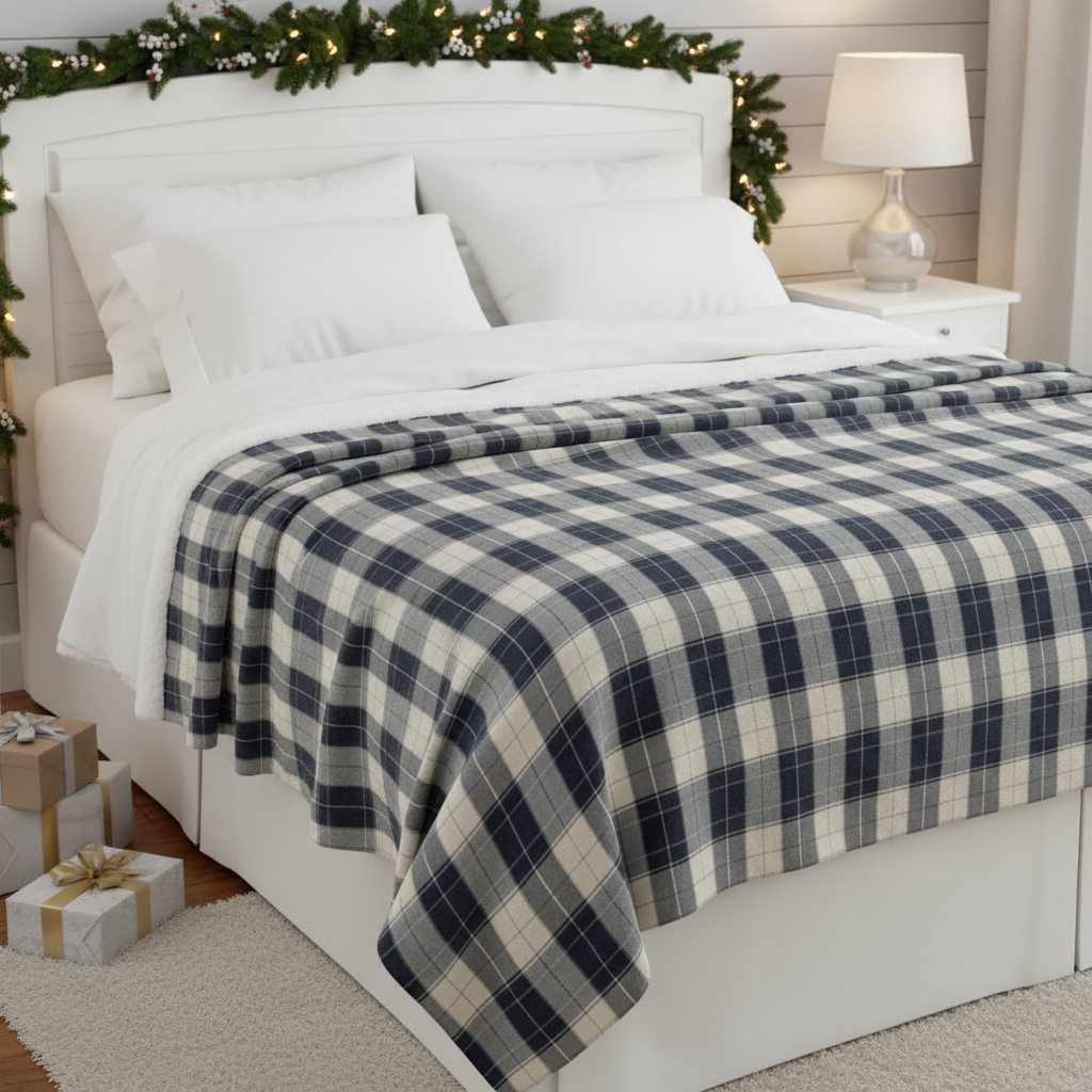 Cozy Navy Plaid Sherpa Blanket - Soft Fleece Throw for Home & Cabin