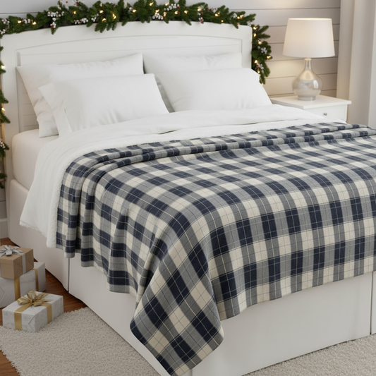 Navy plaid sherpa blanket - cozy soft fleece throw for home and cabin
