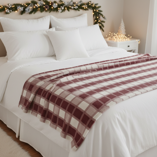 Burgundy plaid sherpa blanket - cozy fleece throw side view

