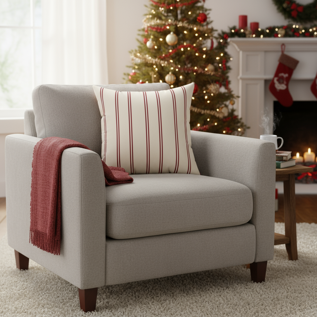 Gray armchair with a striped pillow and red blanket in a festive living room with Christmas tree and stockings.