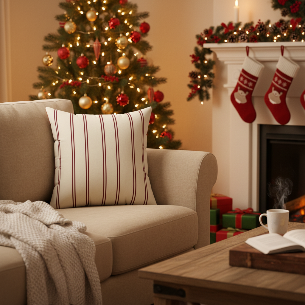 Cozy living room with Christmas decorations, including a tree, stockings, and presents.