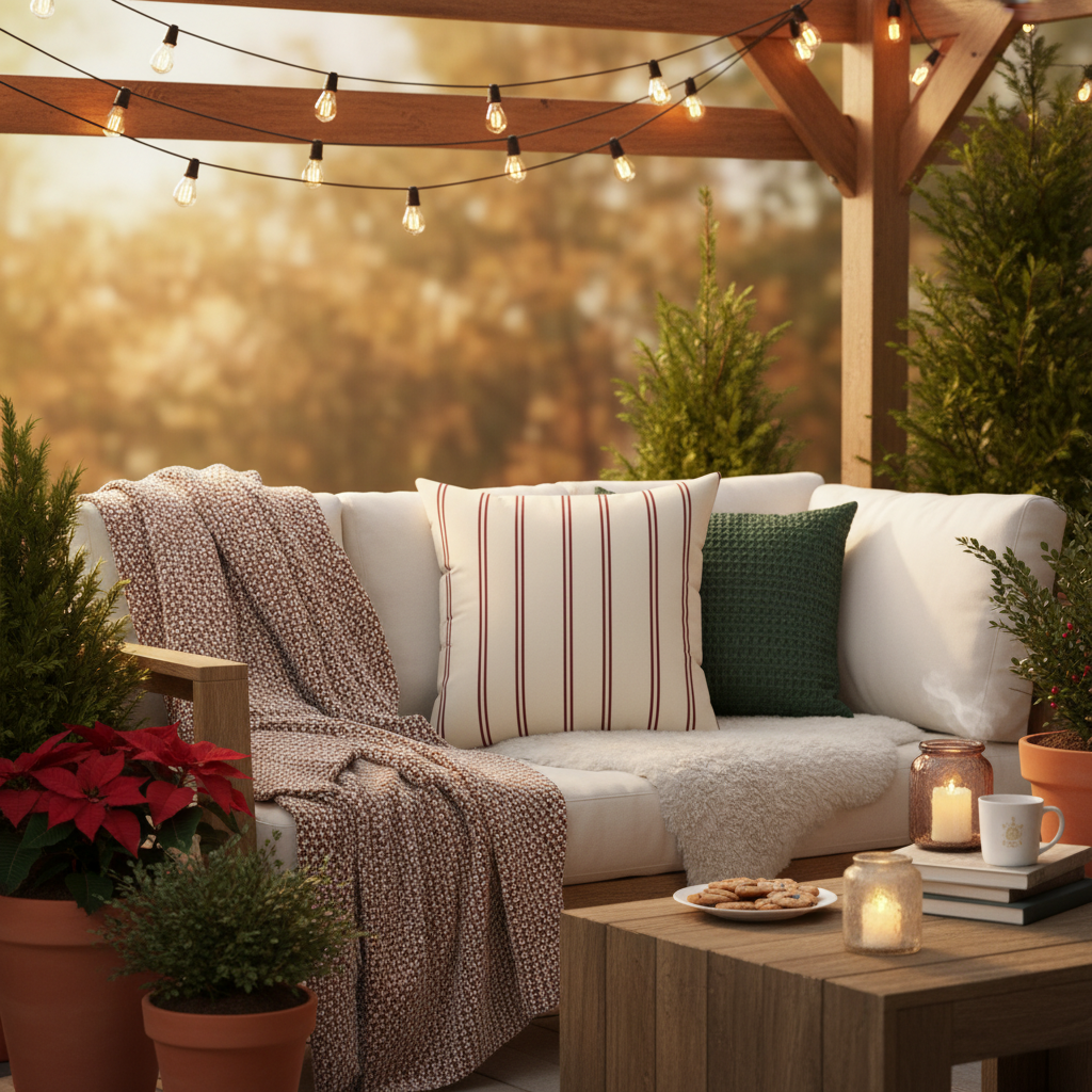 Outdoor patio with a couch, cushions, and string lights on a warm evening.