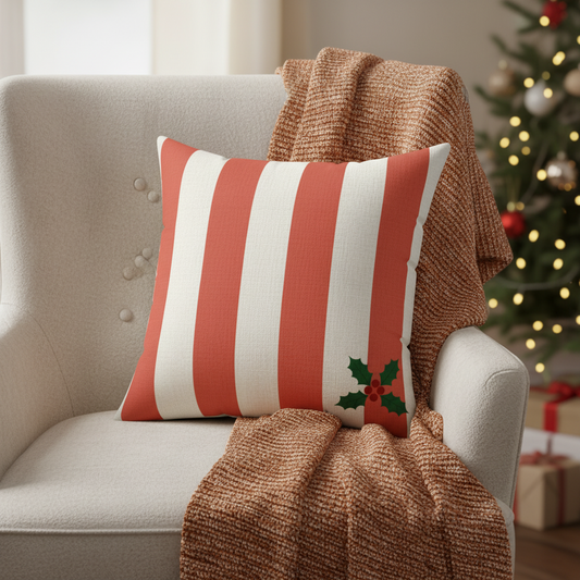 Holiday Red Stripe Pillow with Holly Accent — Festive Decorative Throw Pillow