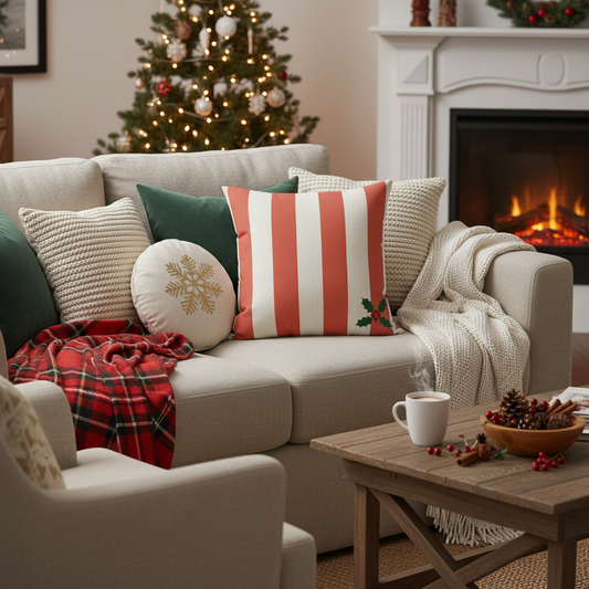 Festive decorative throw pillow with red stripe and holly accent - holiday square cushion

