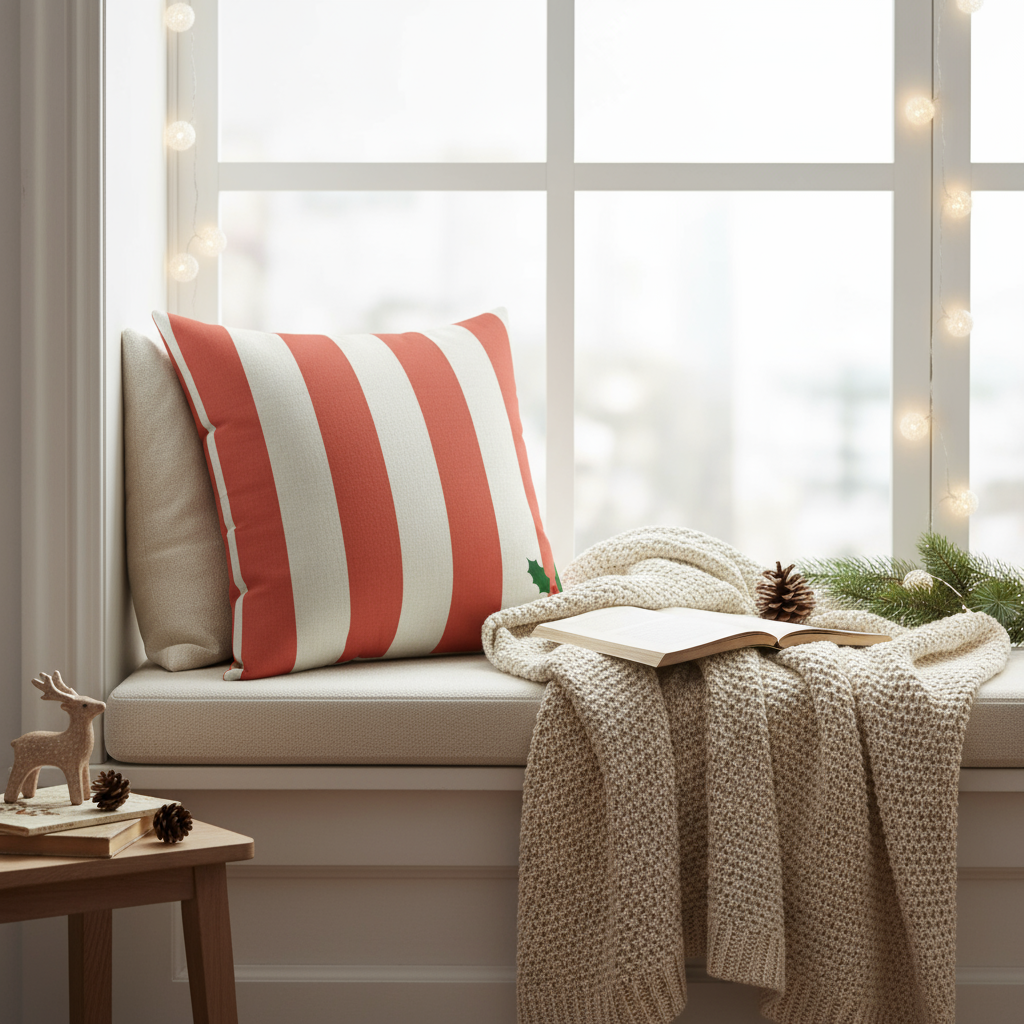 Holiday Red Stripe Pillow with Holly Accent — Festive Decorative Throw Pillow