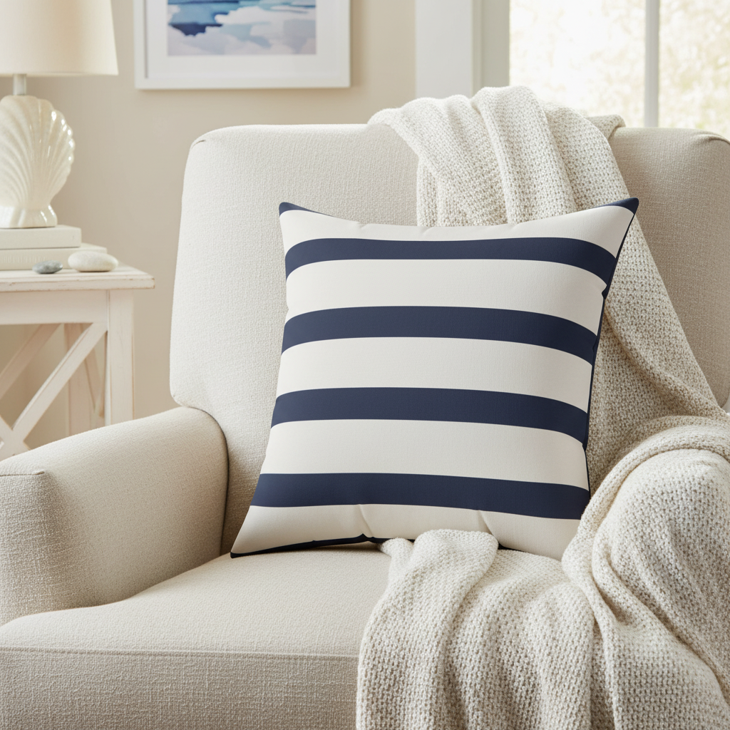 Navy & White Nautical Striped Square Pillow