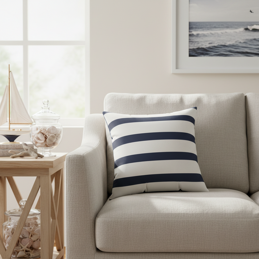 Nautical striped square pillow navy and white - coastal decorative throw cushion
